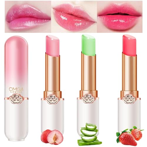 Set de 3 labiales de gelatina, bálsamo labial con cambio de color de fruta, maquillaje labial hidratante de melocotón, aloe vera y fresa (3PCS)