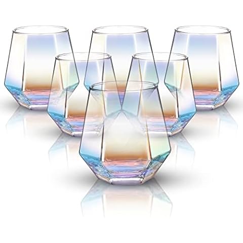NiHome Stemless Wine Glasses Set of 6, Iridescent Wine Glasses, Diamond Shaped, Unique Colorful Tumblers. 10oz. Red Wine Glasses, White Wine Glass, Cocktail. Dishwasher Safe Securely Boxed Gift Cover