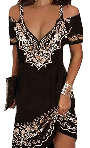 Image of Summer Dresses for Women 2026 Cold Shoulder V Neck Vintage Print A-Line Dress Beach Vacation Boho Mini Sundress