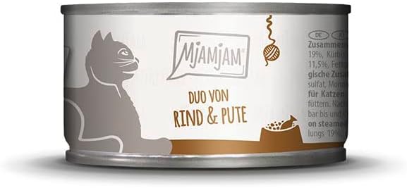 MjAMjAM Premium Wet Food for Cats, Duo, Delicious Beef and Good Turkey with Steamed Pumpkin, Pack of 6 (6 x 100 g), Grain-Free with Extra Meat Beef + turkey 100 g (pack of 6)