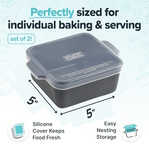 Image of Souper Cubes Ceramic Baking Dishes 2.0-5 inch x 5 inch Baking Dishes with Silicone Lids, Individual Baking Dishes for Oven, Microwave, Oven and Air Fryer Safe, USA Made, Set of 2 - Charcoal