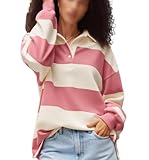 Y2k Women Striped Rugby Polo Shirt Long Sleeve Collared Oversized Vneck Sweatshirt Vintage Jersey Girls Streetwear