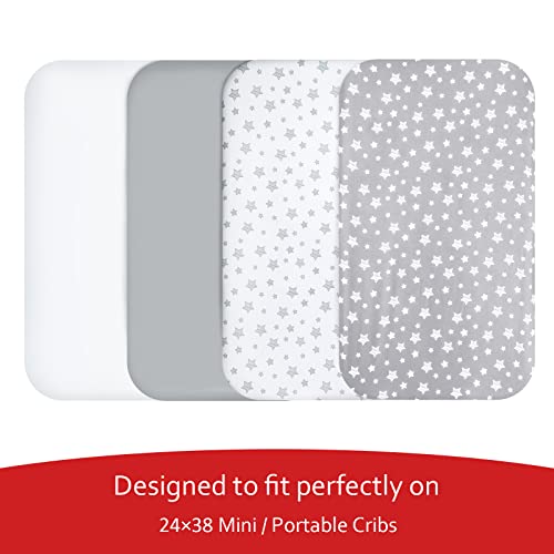 Image of Mini Portable Crib Sheets 4 Pack for Boys or Girls (38 inch X 24 inch), Compatible with Dream on Me, Delta Porta Crib and Arms Reach Ideal Cosleeper, Grey