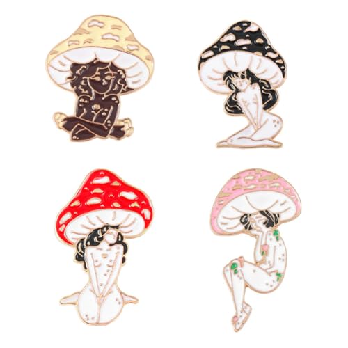 Image of 4PCs Cartoon Mushroom Girl Pins Brooches Enamel Lapel Pin Cute Mushroom Brooch Pin Plant Mental Enamel Pins Set Mushroom Brooches for Backpack Cloths Hats Accessories Decor Women Girls Jewelry Gifts