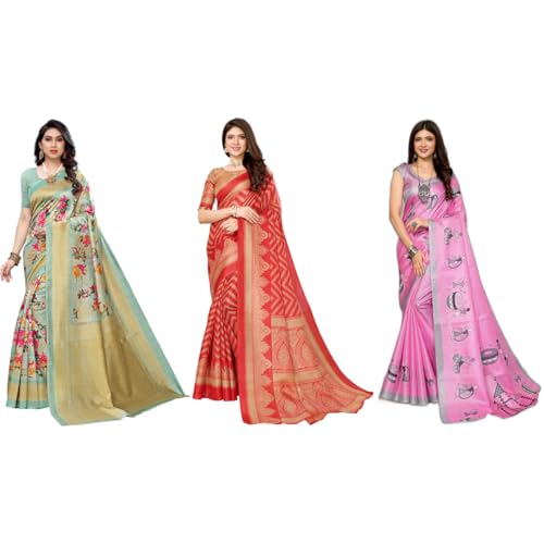 Image of Yashika Women's Sarees Women's Combo Art Silk Printed Saree With Unstitched Blouse Piece |saree for Women | saree combo | New Sari | Saree Pack Of 3