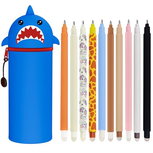 Estuche Escolar de Silicona Blanda 2 en 1+8 rotuladores borrables, Kawaii, Bolígrafo de gel borrable animal, tinta, Portalápices (10 bolígrafos pulibles + tiburones)