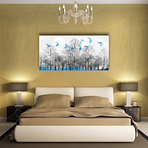 Sigutie Canvas Wall Art For Living Room Bedroom,Black And White Tree Painting With Blue Bird On Blue Background Mountain,Modern Artwork Wall Decoration For Home Wall Decor-20X40Inches #TOP1
