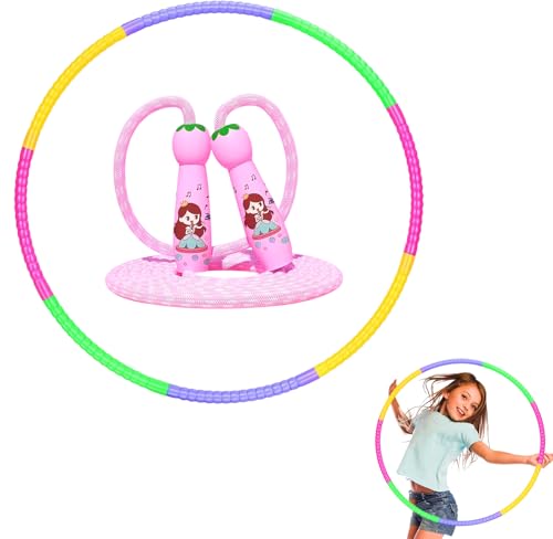 Hula Hoop Reifen Kinder Set (58cm 100g) mit Springseil Kinder - Ideal für Kinder 3-12 Jahre 8-teilig Abschnitte Abnehmbar und Einstellbar Hullahub Reifen für Spaß & Outdoor Sport und Familienspiele