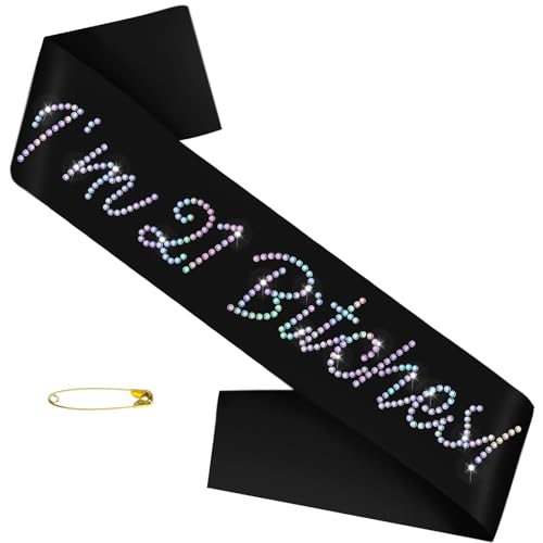 I’m 21 Bitches Birthday Sash, Black Satin Birthday Sash with Glitter Rhinestones Decorations for Girls or Women, Finally 21 Bday Sashes, Ideal Twenty One Gifts, Happy 21 Bday Party Decorations