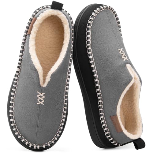 EverFoams Men's Micro Suede Memory Foam Moccasin Slippers with Fuzzy Sherpa Lining and Anti-skid Sole Grey Size 9 UK