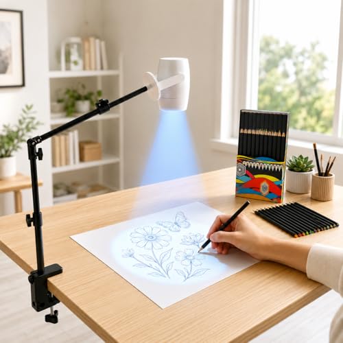 Art Projector for Tracing Drawing Painting 1080P Drawing Projector with WiFi 6 & Bluetooth 5.0 iOS/Android Wireless Connection Desk Clamp Projection Sketching Tool with 12-Color Rainbow Pencils