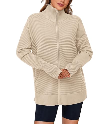 PRETTYGARDEN Womens Fall 2025 Long Sleeve Zip Up Cardigan Sweaters Casual Loose Collared Ribbed Knit Tops Jackets Thumb Hole3