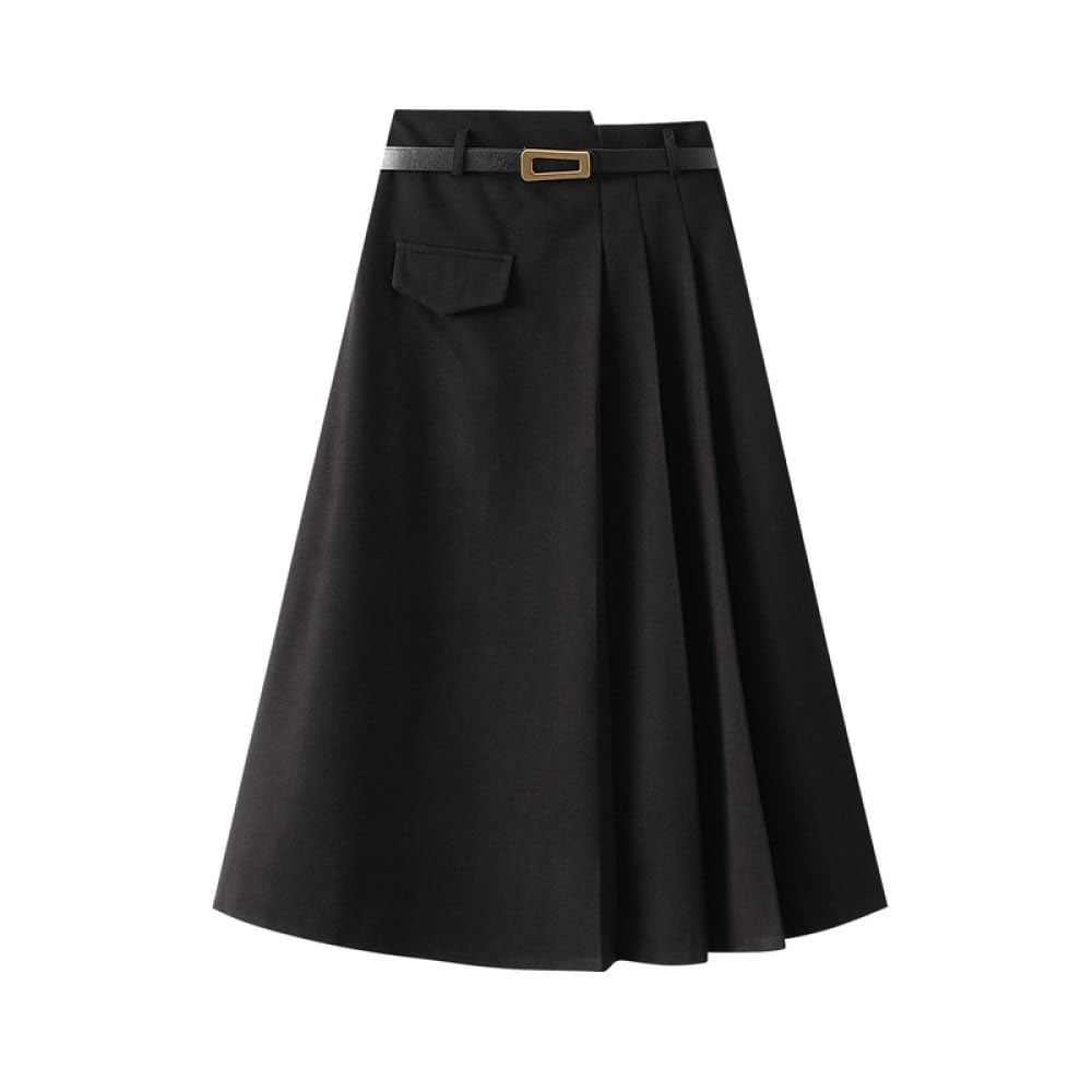 Jupe Plissée Midi Noire Jupes en Laine pour Femmes, Patchwork Chic Jupe Trapèze Taille Haute Froncée avec Ceinture Jupes Longues Unies pour Dames Filles Automne Hiver