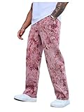 BEAUDRM Men's Floral Pants Vintage Boho Pant Hippie Drawstring Waist Vacation Straight Leg Trousers with Pockets Streetwear Pink X-Large