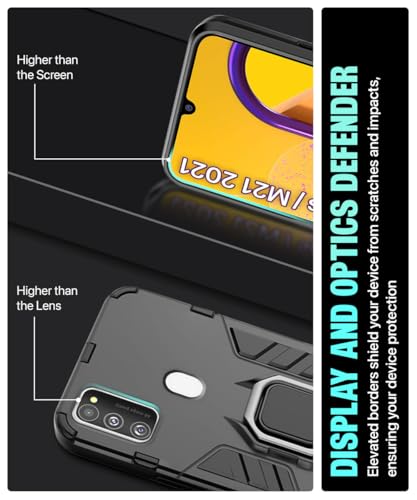 Image of WOW IMAGINE Shock Proof Back Case Mobile Cover for Samsung Galaxy M21 | M30s | M21 2021 Edition (Armor | Hybrid PC + TPU | Full Protection with Ring Holder Kickstand | Carbon Black)