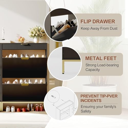 Garvee Fluted Shoe Storage Cabinet with 2 Flip Drawers, Slim Wood Shoe Organizer, Narrow Entryway Furniture with Storage for Small Spaces, Hallway Entrance Apartments, Black