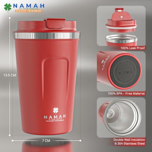 Image of Namah Insulated Coffee Mug Travel with Lid 380ML Stainless Steel Coffee Tumbler Cup for Office & Home, Leak Resistant Matte Finish Hot & Cold Travel Coffee Mug for Men & Women Gift (Red Alert)