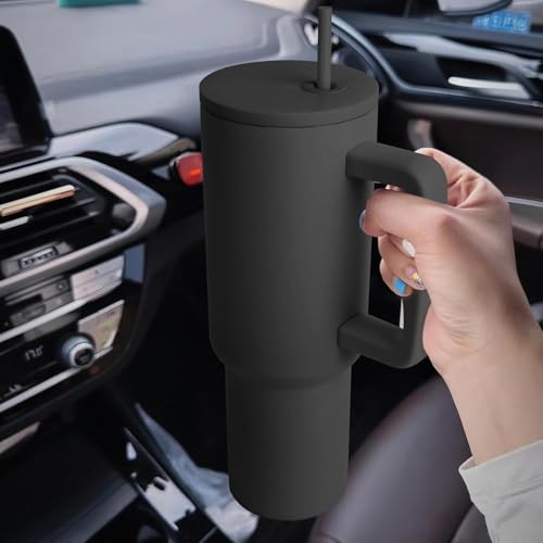 Image of SKDBPM Personalized Stainless Steel Tumbler with Handle, 1200ml Capacity, Black Insulated Travel Mug with Straw, Custom Name Design (Black Tumbler)