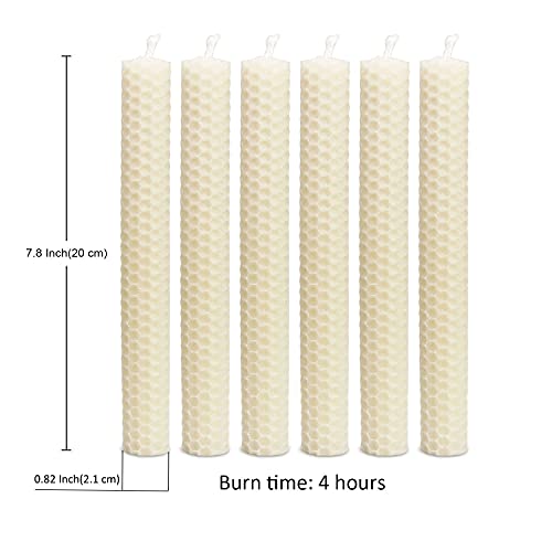 DEYBBY Natural Beeswax Taper Candles,8inch Dripless and Smokeless White Bee Wax,4Hour Burn Time Flat Top (Pack of 6)