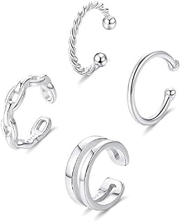 Milacolato 4Pcs 925 Sterling Silver Ear Cuff Small Cartilage Hoop Lip Nose Ring Adjustable Fashion Jewelry for Women Non Piercing Earrings