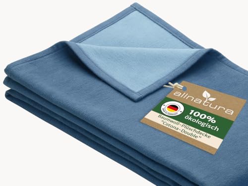 allnatura Flauschige Baumwoll-Plüschdecke Cotona-Double 140x200 cm in Blau, Made in Germany - große GOTS-zertifizierte Sofadecke 100% Bio-Baumwolle - waschmaschinenfeste Wohndecke Couchdecke
