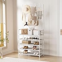 Oyajia Coat Stand,Coat Rack with Shoe Rack,4-in-1 Design,with 8 Removable Hooks and 5-Layer Fabric Shoe Rack,can Hold Clothes/Bags/Shoes/Hats, size 175 x 60 x 28 cm, Modern White.