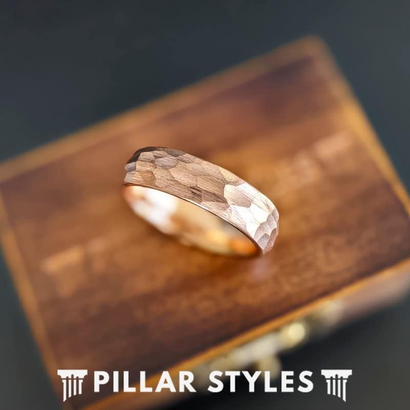 18K Rose Gold Ring Tungsten Wedding Bands Womens Ring 6mm Rose Gold Hammered Rings Thin Tungsten Rings for Men Unique Anniversary Gifts for Him