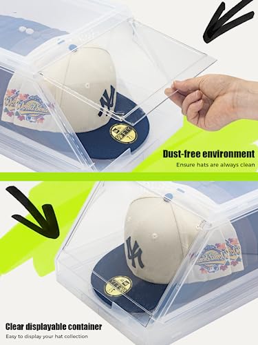SCAVATA 2 Pack Hat Organizer, Stackable Clear Baseball Caps Holder Box Containers With Sliding Tray for Hats Snapback Cap Storage, Hat Rack Display Case -Clear