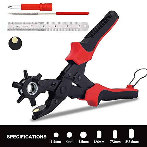 Revolving Leather Hole Punch Kit with 3 circle hole and 3 ellipse hole ?Belts Hole Punch Heavy-Duty punch for Belts, Watch Bands, Straps?Dog Collars, Saddles, Shoes, Fabric, DIY Home or Craft Projects