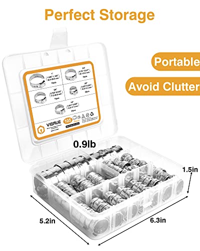 Vigrue 304 Stainless Steel Single Ear Hose Clamps With Pincer, 105Pcs 3/8'' To 1'' Stepless Hose Clamps With Pipe Clamp Tool, Pex Cinch Clamps Rings Tool Assortment Kit #TOP5