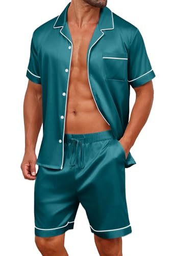 Vssjavun Mens Satin Silk Pajamas Sets Short Sleeve Button-Down Sleepwear Two Piece Loungewear with Pockets