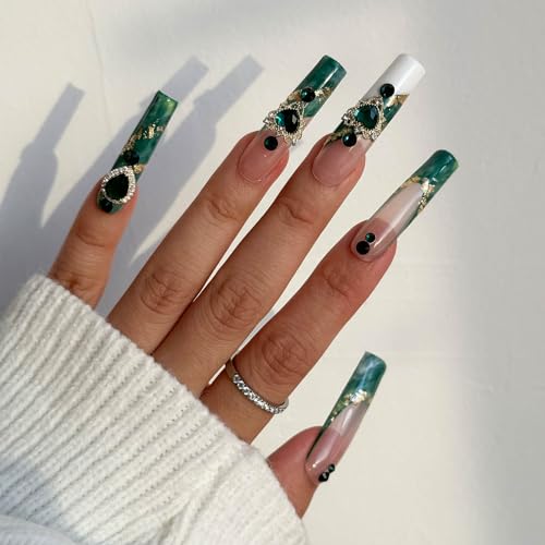 Real Gel Handmade Emerald Marble Halo Luxury Diamond French PressOn Nails Gems Coffin Fake Nails With Designs Glossy False Nails for Women and Girls (Emerald-XS) miniatura 4