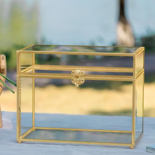 NCYP Small Glass Card Box with Lid for Wedding Reception - 9.8" x 5.6" x 7.7" Rectangle Storage Terrarium for Party Wishwell Keepsake, Gold, Tabletop Decor (Glass Box Only, No Slot, No Lock) - Thumbnail 5