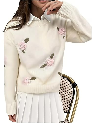 Verdusa Women's 3D Floral Crewneck Sweater Long Sleeve Drop Shoulder Loose Pullovers