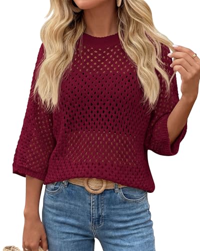 KIRUNDO Crochet Tops for Women Summer Batwing Sleeve Beach Sweater Lightweight Knit Cover Up Shirts Cruise Vacation Outfits(Wine Red, Large)