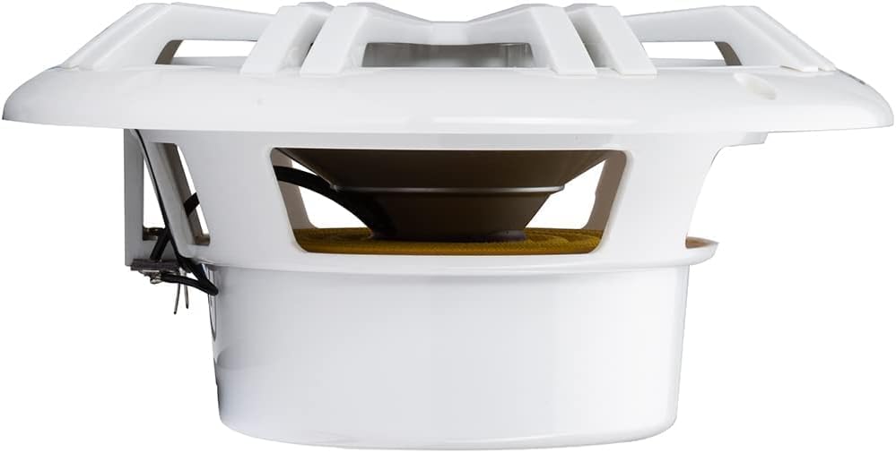 Rear view of a KICKER KM604W marine speaker showing wiring terminals