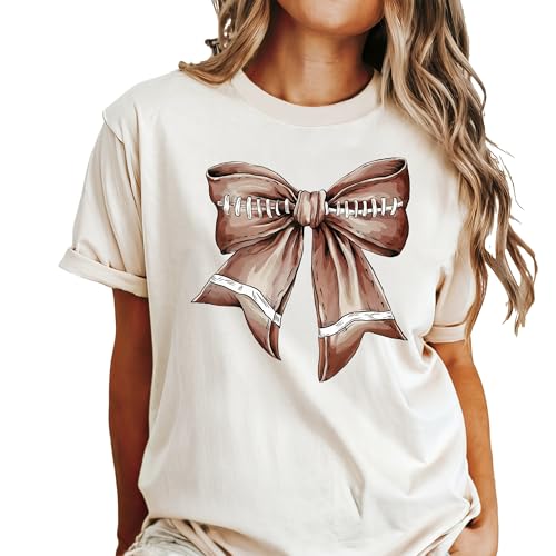 Football Bow Shirt for Women and Teens Trendy Girly Fall Football Fan Oversized Tee4