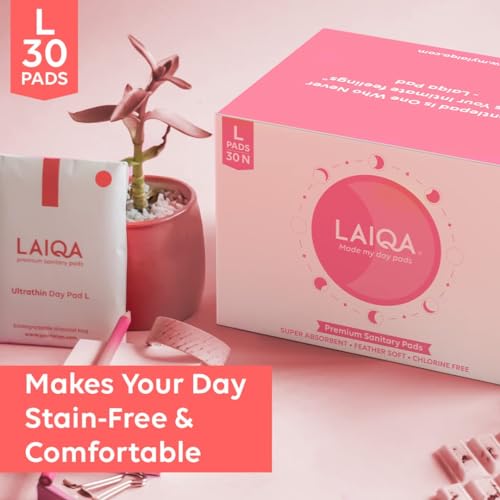 Image of LAIQA Ultra Soft Moderate Flow Sanitary Pads for Women| 60 Large Premium Pads with 60 Disposable Bag + 4 Free Pantyliners|Made with Natural Fibers|Rash-Free Pads with 4 wings|No Chlorine|No Fragrance