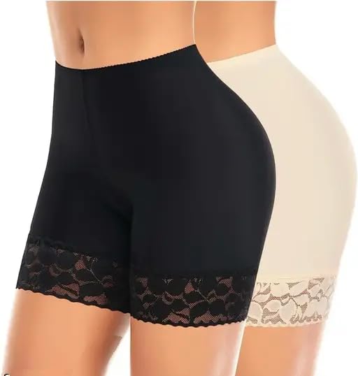 Women’s High Waist Lace Trim Cycling Shorts (Pack of 2 – Black & Beige), Anti-Chafing Under Dress Inner Shorts, Stretchable Biker Shorts for Skirts, Gym-picture-13