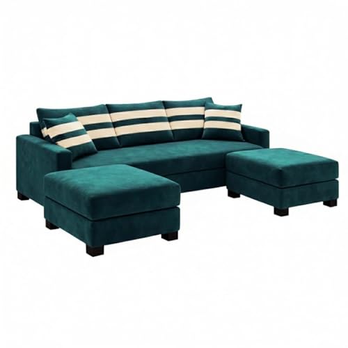 Image of Kassian Rich Velvet Suede 3 Seater Sofa Set with 2 Ottomans | Spacious Soft Touch Comfort Seating | Modern Sofa for Living Room (Greenish Teal)