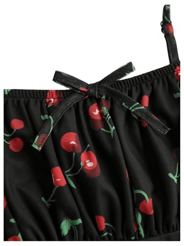 SweatyRocks Girl's Cherry Print Flared Dress High Waist Ruched Ruffle Hem Mesh Cami Dress4