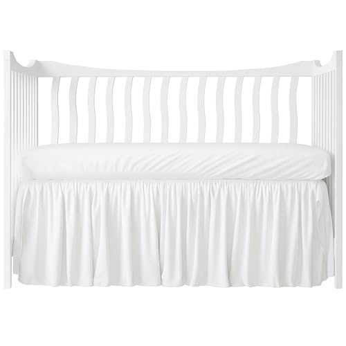 Image of Crib Bed Skirt Dust Ruffle with Split Corners - 100% Cotton - Nursury Standard Crib Bedding Toddler Bedskirt for Baby Boys or Baby Girls - 14" Drop - White Crib Skirt