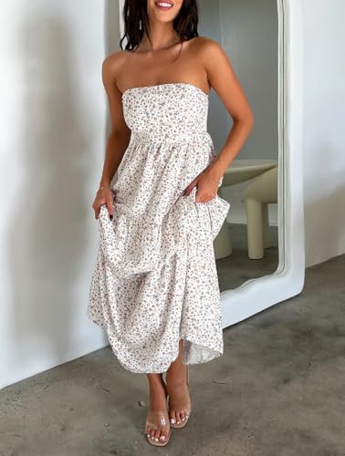 Image of Women Floral Print Maxi Tube Dress Strapless Flowy Long Bandeau Dress Y2K Open Back Sundress Summer Beachwear