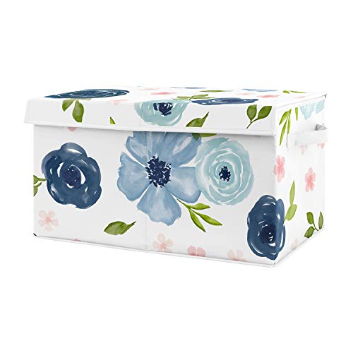 Image of Sweet Jojo Designs Navy Blue Watercolor Floral Girl Small Fabric Toy Bin Storage Box Chest For Baby Nursery or Kids Room - Blush Pink, Green and White Shabby Chic Rose Flower
