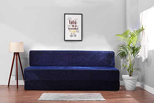 Image of Convertible Fabric Sofa Cum Bed | Foldable Double Foam & Washable Cover with Cushions | Modern Design Use Living Room & Guest Room (Moshi-Blue-Multi-Square, 6X6 Ft)