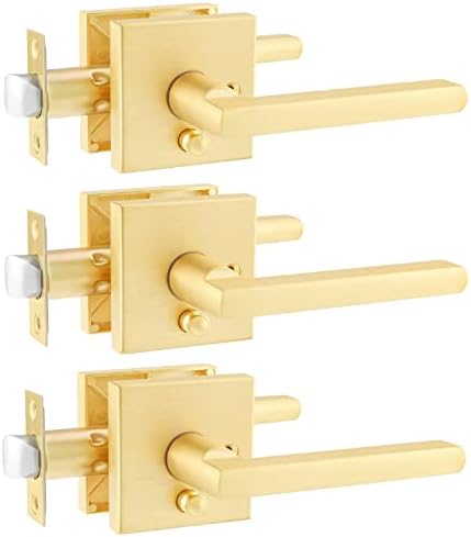 Heittis 3 Pack Satin Brass Square Privacy Door Levers Lockset for Bedroom or Bathroom, Gold Keyless Door Locks, Heavy Duty Door Handle Set