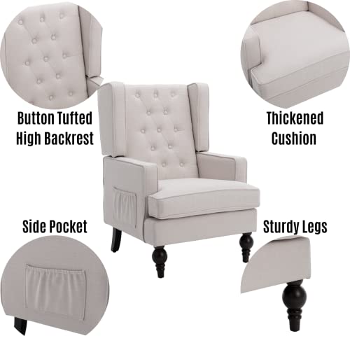Lukealon Button Tufted Linen Accent Chair, Upholstered Club Chair With Wooden Legs Vintage High Wingback Reading Chair Comfy Armchair With Pocket For Living Room Bedroom, Beige #TOP3