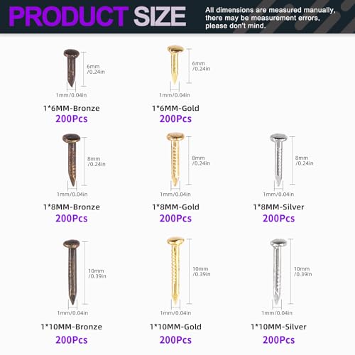 Swpeet 1600Pcs 3 Colors 6mm 8mm 10mm Small Hardware Tiny Nails Wooden Screws Assortment Kit, Tiny Wooden Nails Mini Nails Gold Silver Bronze Common Nails Boxed for DIY Decorative - Image 2