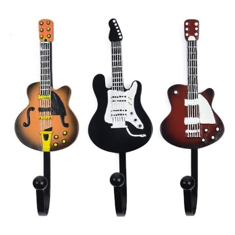 KUNGYO Vintage Guitar Shaped Decorative Hooks Rack Hangers for Hanging Clothes Coats Towels Keys Hats Metal Resin Hooks Wall Mounted Heavy Duty (3-Pack) (Guitar Hook-B) Cover