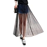 Queena Women's Stretchy Sheer Mesh Long Skirt Tulle Maxi Skirt See Through Beachwear Bikini Cover Up Black